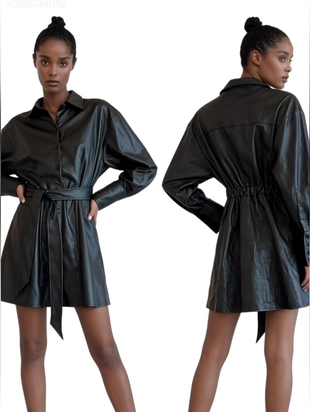 ZARA Women's Dress Faux Leather Black Button Down Mini Belt XS